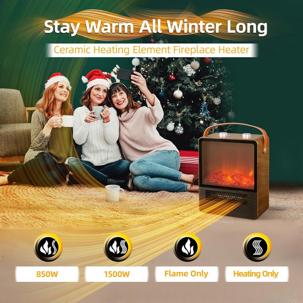 Hearthix Portable Electric Fireplace – 1500W Ceramic Heater with Realistic 3D Flame